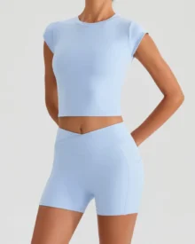 Halter Short Sleeve Yoga Set With Pockets - Light Blue