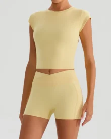 Halter Short Sleeve Yoga Set With Pockets - Pale Yellow