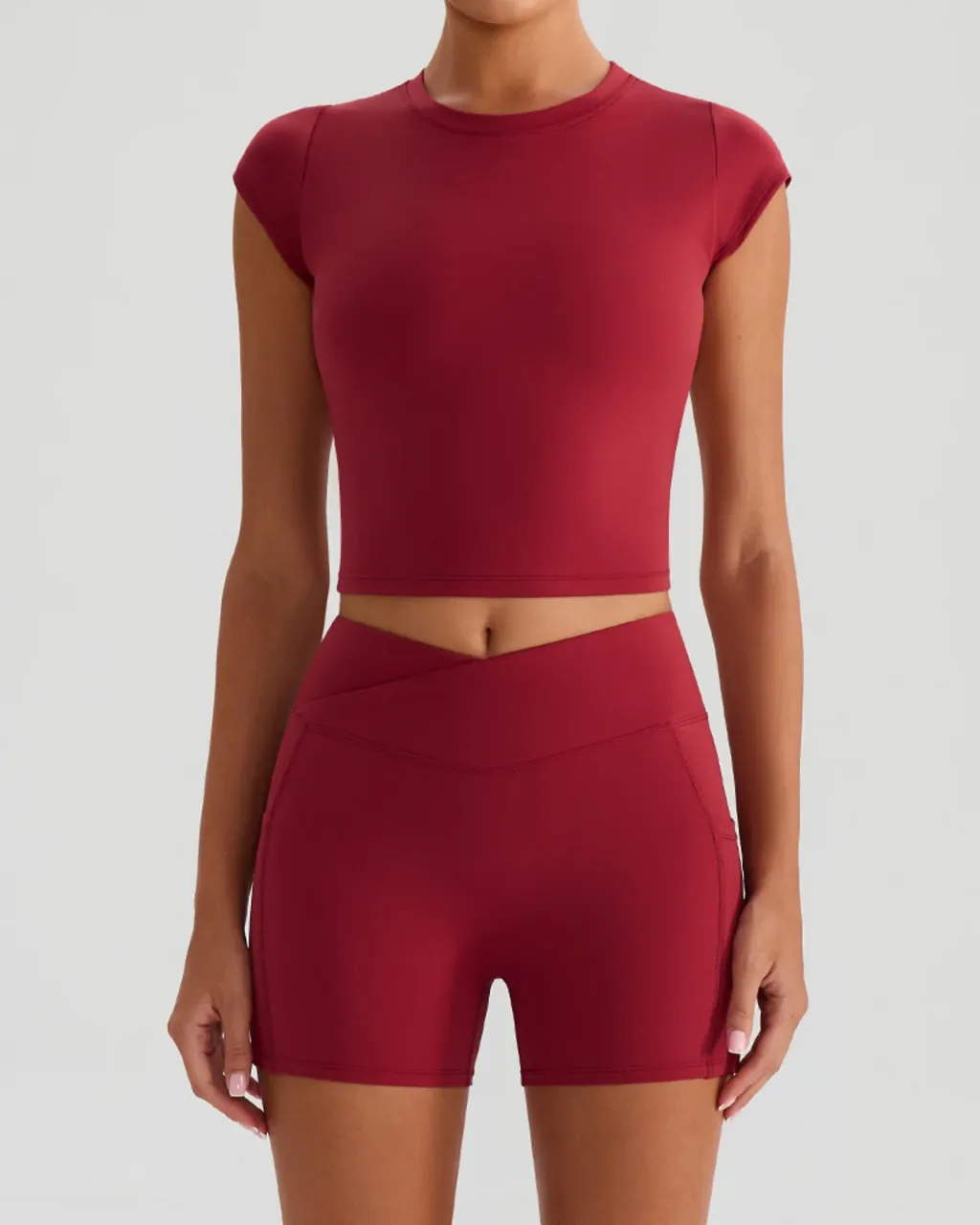 Halter Short Sleeve Yoga Set With Pockets - Wine