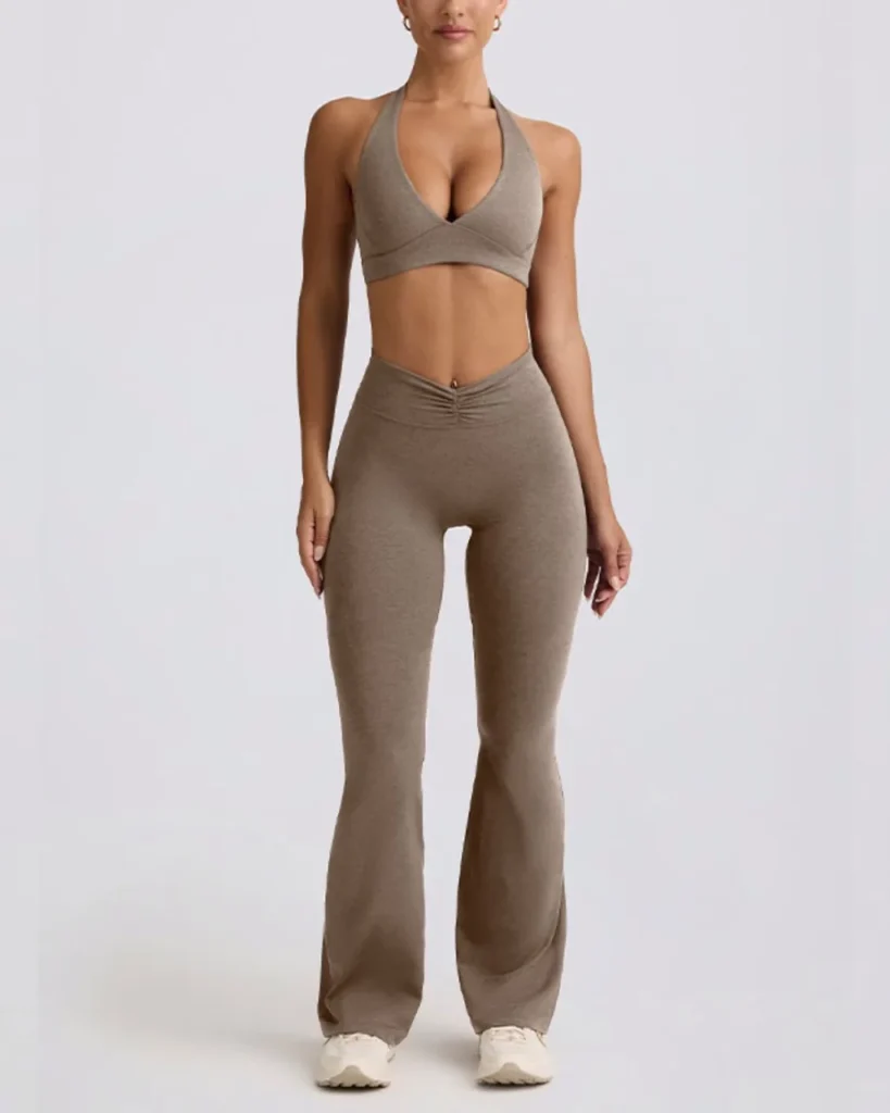 Halter Backless U-Back Flare Pants Yoga Set - Dark Sandalwood Brown