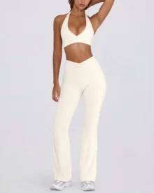 Halter Backless U-Back Flare Pants Yoga Set - White