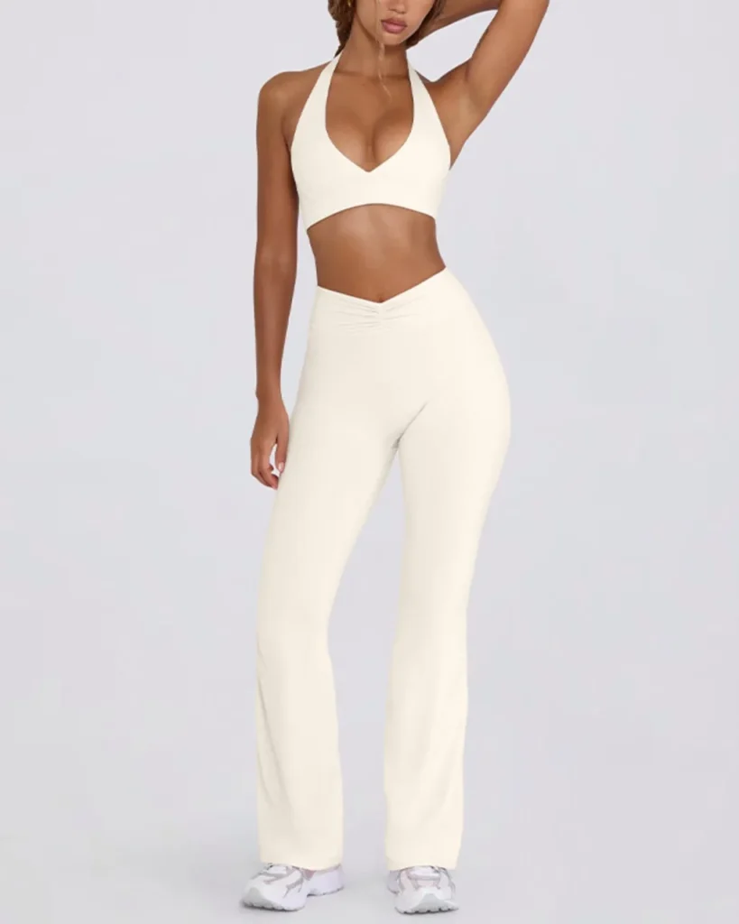 Halter Backless U-Back Flare Pants Yoga Set - White