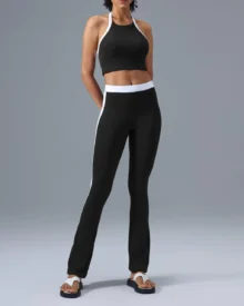 Color Block High Support Shockproof Halter High Waist Flare Yoga Set - Black
