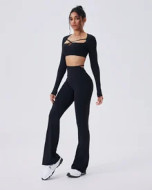 Seamless Color Block Brushed Hollow Slim High Waist Flare Leg Yoga Set - Black