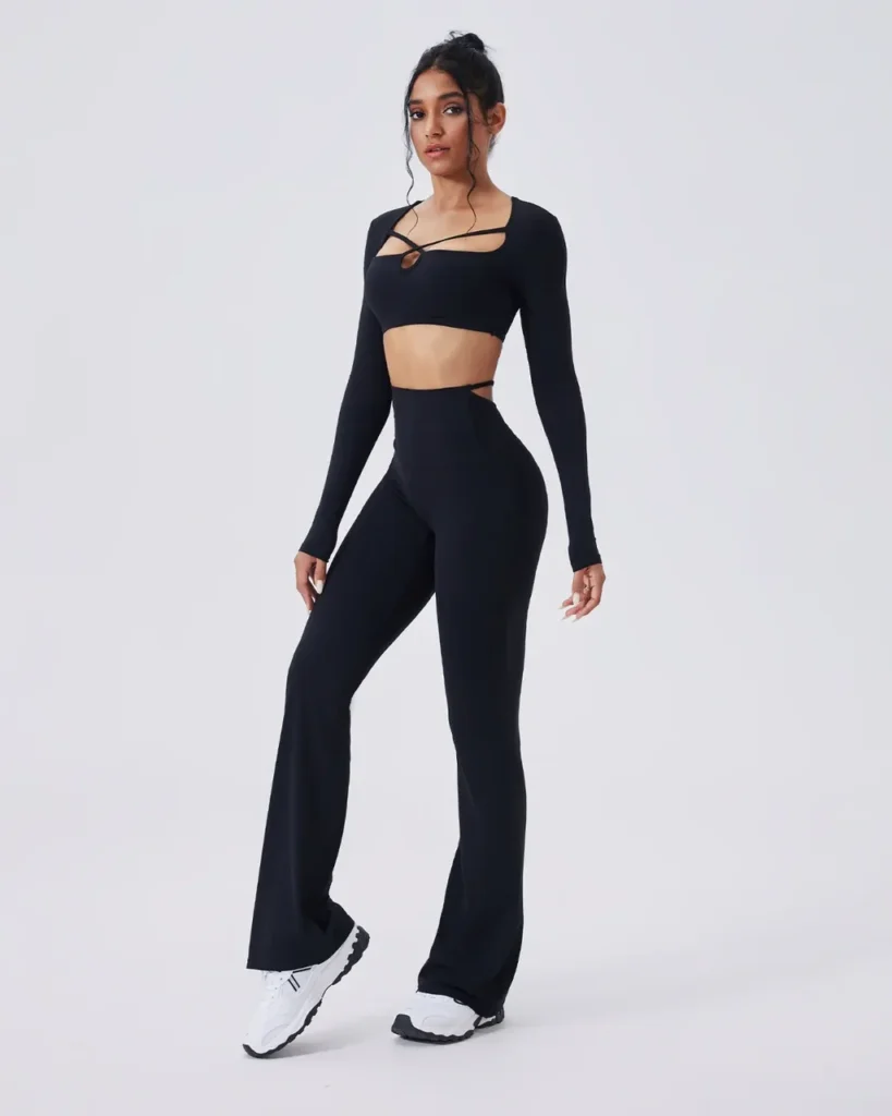 Seamless Color Block Brushed Hollow Slim High Waist Flare Leg Yoga Set - Black