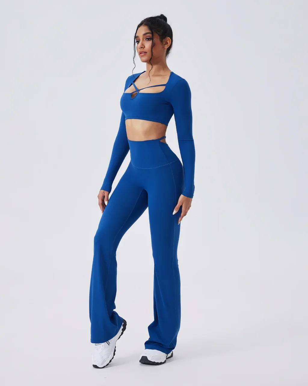 Conjunto Yoga Elegante De Cintura Alta Y Pierna Acampanada - azul