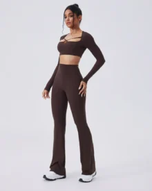Seamless Color Block Brushed Hollow Slim High Waist Flare Leg Yoga Set - Brown