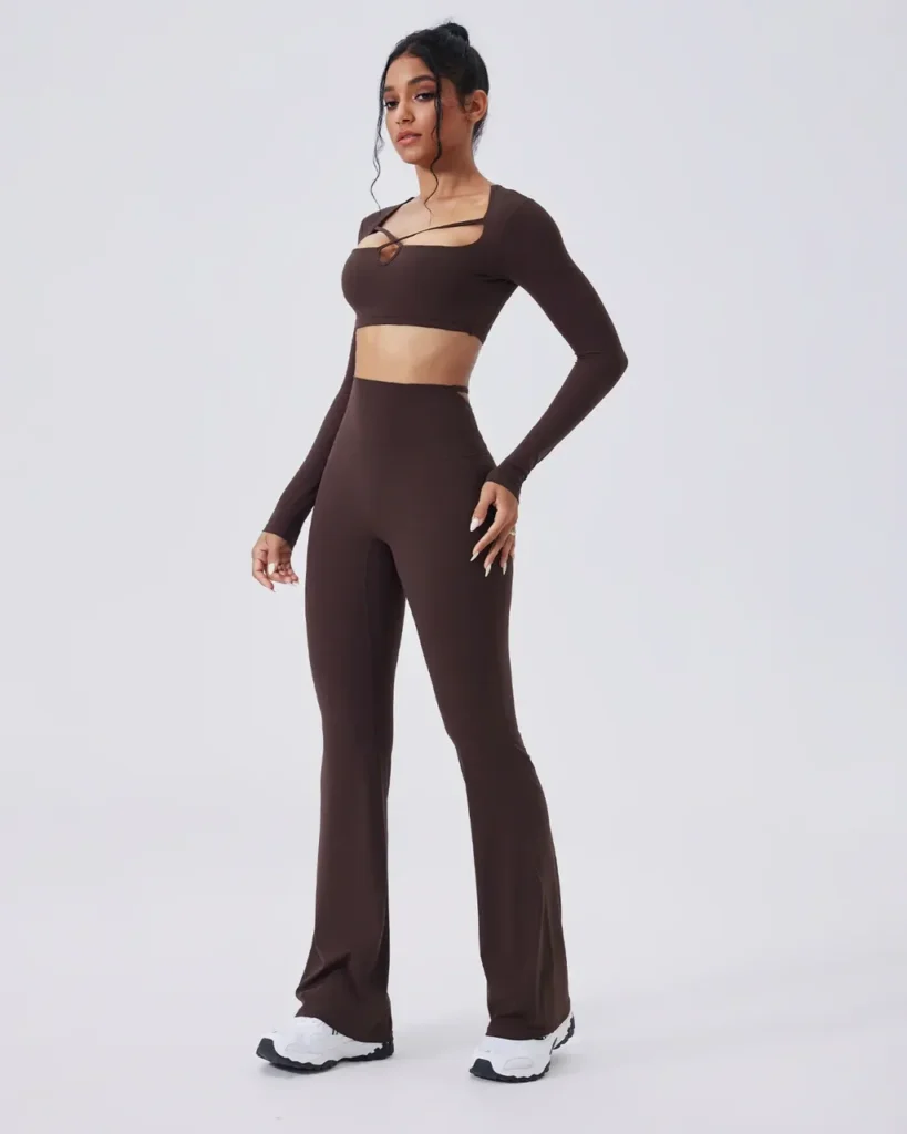 Seamless Color Block Brushed Hollow Slim High Waist Flare Leg Yoga Set - Brown