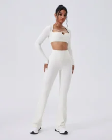 Seamless Color Block Brushed Hollow Slim High Waist Flare Leg Yoga Set - White