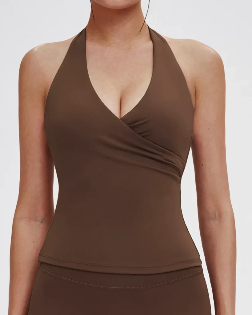 Brushed V Neck Halter Yoga Vest - Brown