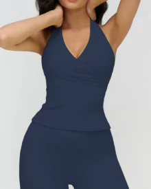 Brushed V Neck Halter Yoga Vest - Charcoal