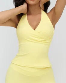 Brushed V Neck Halter Yoga Vest - Yellow