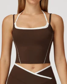 Fake Two-Piece Halter High Impact Yoga Bra - Brown