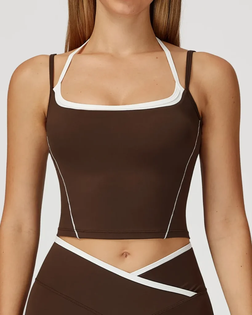 Fake Two-Piece Halter High Impact Yoga Bra - Brown