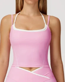 Fake Two-Piece Halter High Impact Yoga Bra - Light Pink