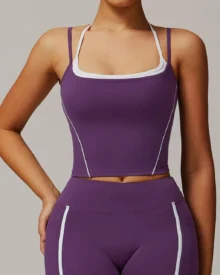 Fake Two-Piece Halter High Impact Yoga Bra - Purple