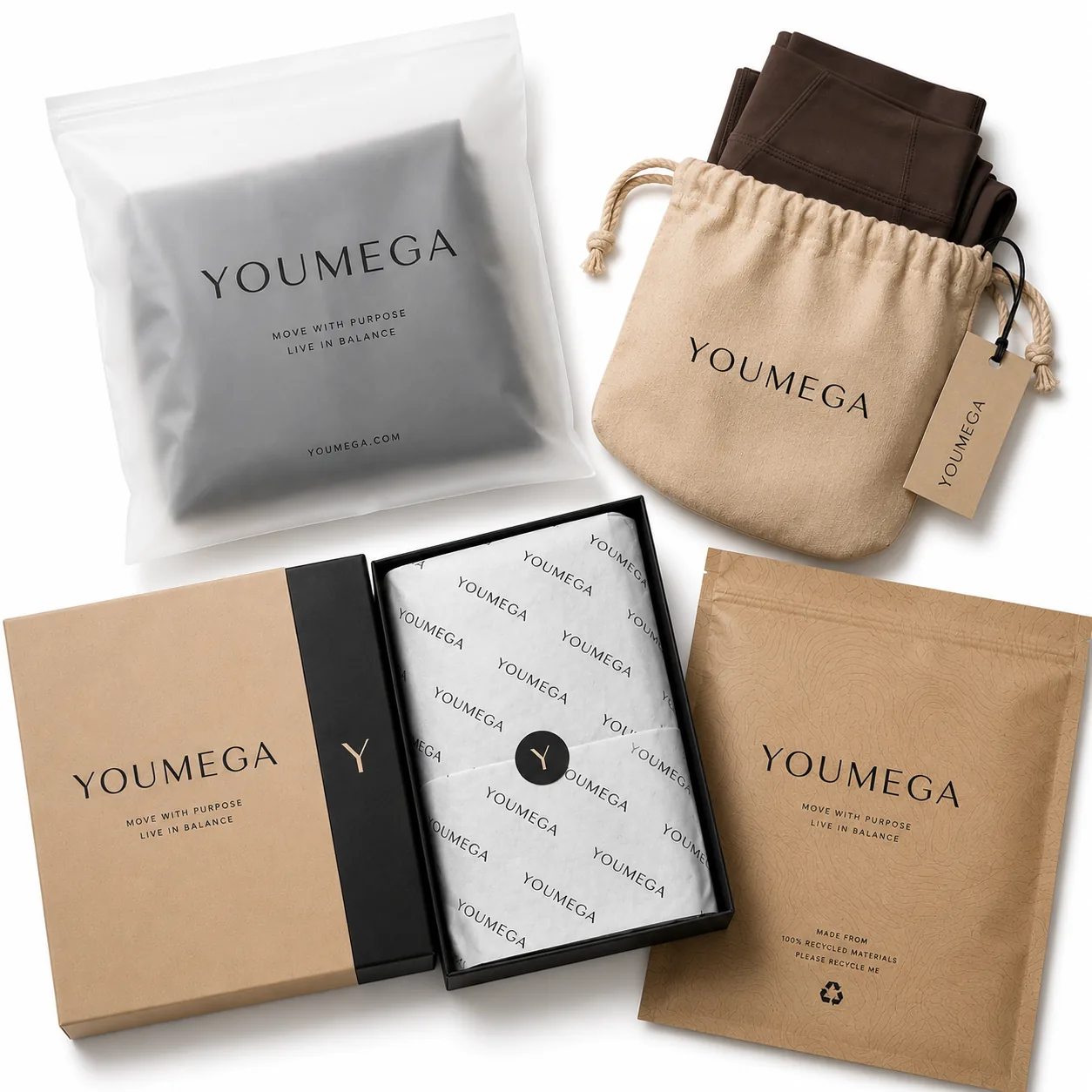 Empaque de activewear de marca privada YOUMEGA: bolsa kraft, bolsa de tela y caja