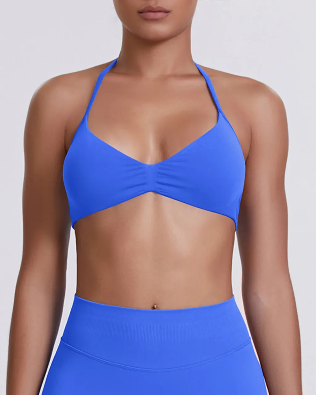 Sujetador Halter Fruncido Sin Costuras - azul