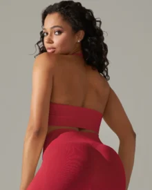 Seamless Solid Backless Halter Sports Bra - Red