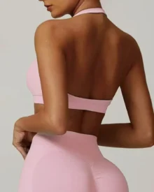 Seamless High Stretch Halter Neck Sports Bra - Pink