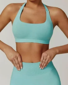 Seamless High Stretch Halter Neck Sports Bra - Sky Blue