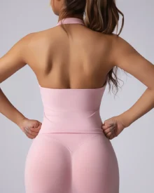 Seamless Quick Dry Halter Neck Yoga Tank Top With Pads - Pink