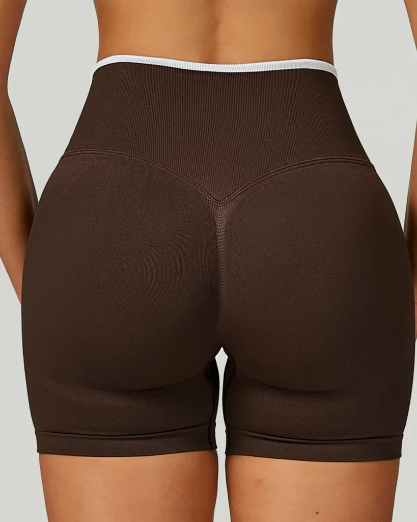 Seamless Color Block Binding Yoga Shorts - Brown