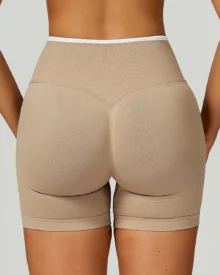 Seamless Color Block Binding Yoga Shorts - Camel