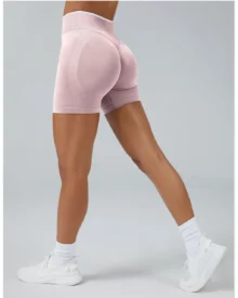 Seamless Color Block Peach Hip Tight Yoga Shorts - pink