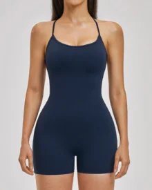 Color Block Fake Two-Piece Backless Yoga Jumpsuit - Navy