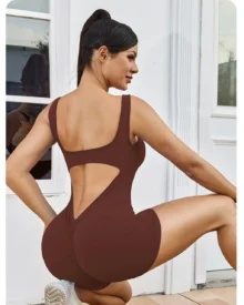 Backless V-Neck Yoga Jumpsuit - Dark Brown