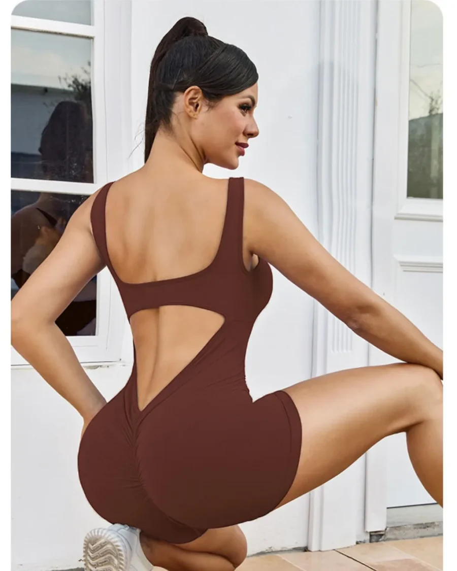 Backless V-Neck Yoga Jumpsuit - Dark Brown