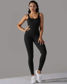 Seamless Ribbed Solid Collar Skinny Jumpsuit - Black