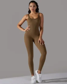 Seamless Ribbed Solid Collar Skinny Jumpsuit - Brown