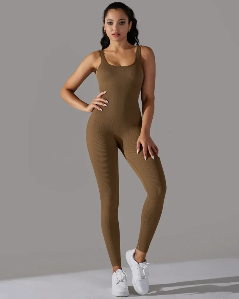 Seamless Ribbed Solid Collar Skinny Jumpsuit - Brown