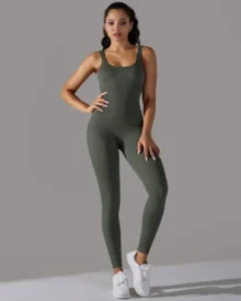 Seamless Ribbed Solid Collar Skinny Jumpsuit - Olive Green