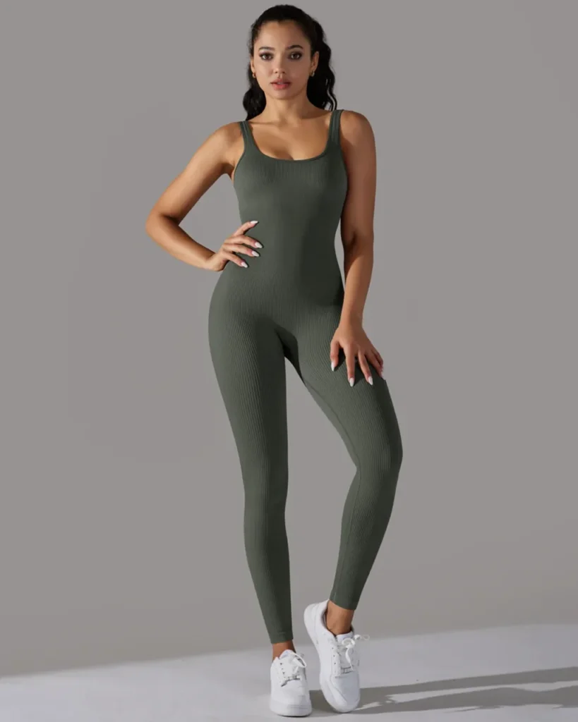 Seamless Ribbed Solid Collar Skinny Jumpsuit - Olive Green