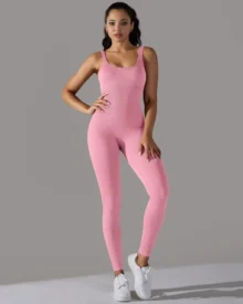 Seamless Ribbed Solid Collar Skinny Jumpsuit - Pink