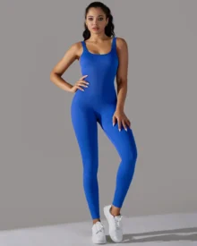 Seamless Ribbed Solid Collar Skinny Jumpsuit - Royal Blue