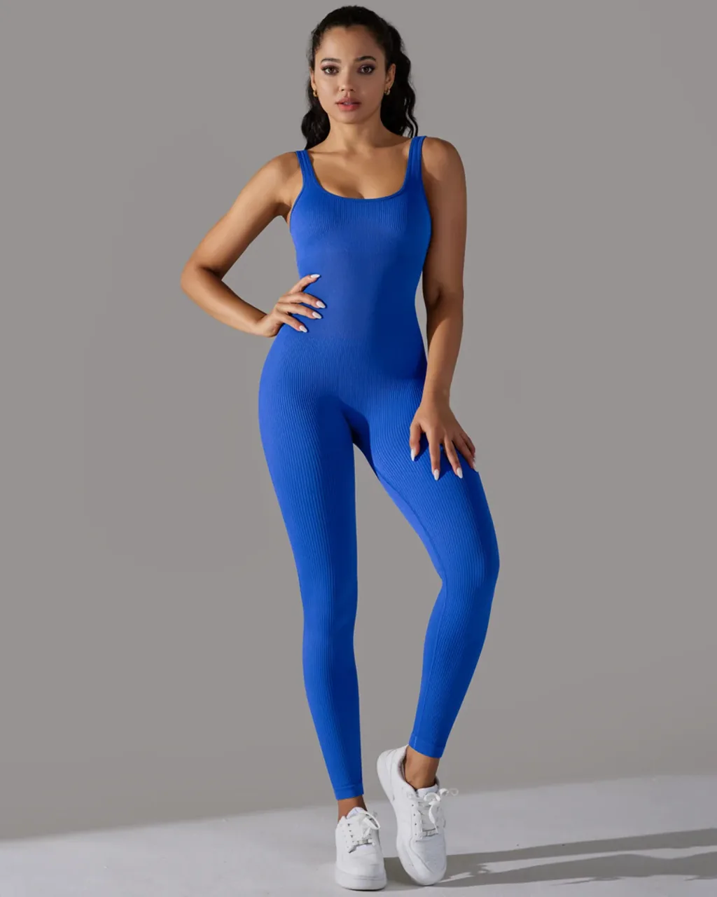 Jumpsuit Ajustado Con Cuello Liso Y Textura Rizada - azul real