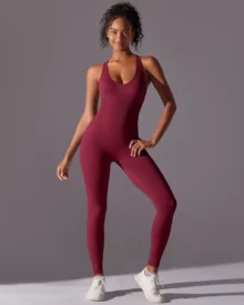 Seamless Solid Slim Fit One Piece Jumpsuit - Burgundy