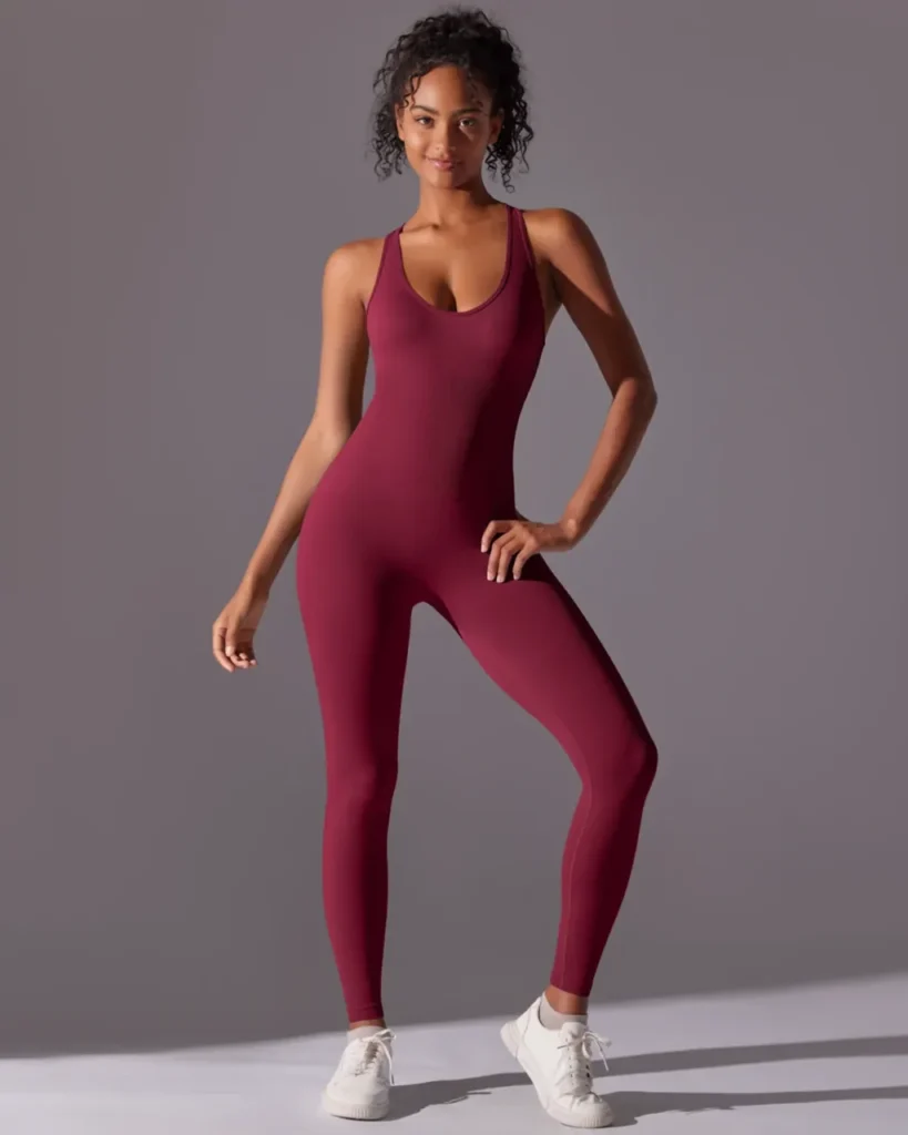Seamless Solid Slim Fit One Piece Jumpsuit - Burgundy