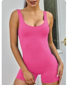 Seamless Backless V Neck Hip Lifting Yoga Jumpsuit - Hot Pink