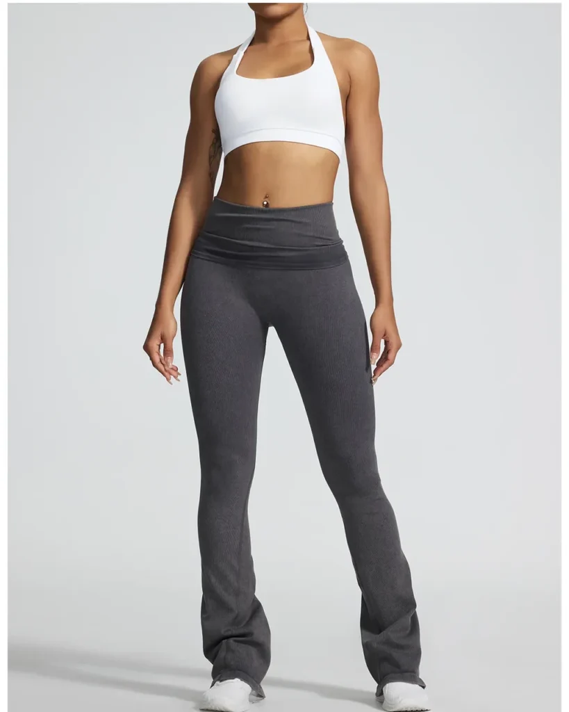 Seamless Sand Wash Fold Over Waist High Elastic Flare Yoga Pants - Charcoal