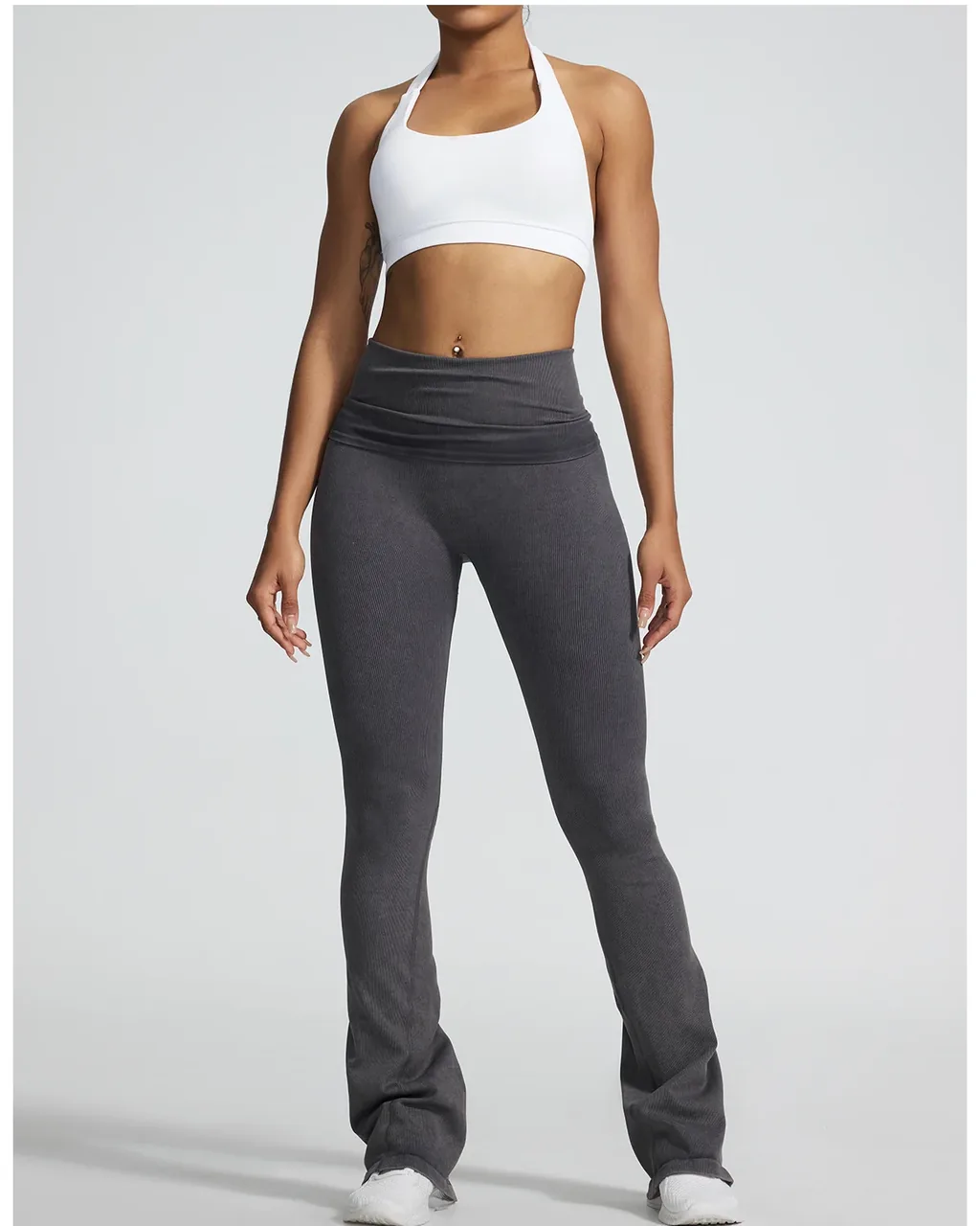 Seamless Sand Wash Fold Over Waist High Elastic Flare Yoga Pants - Charcoal