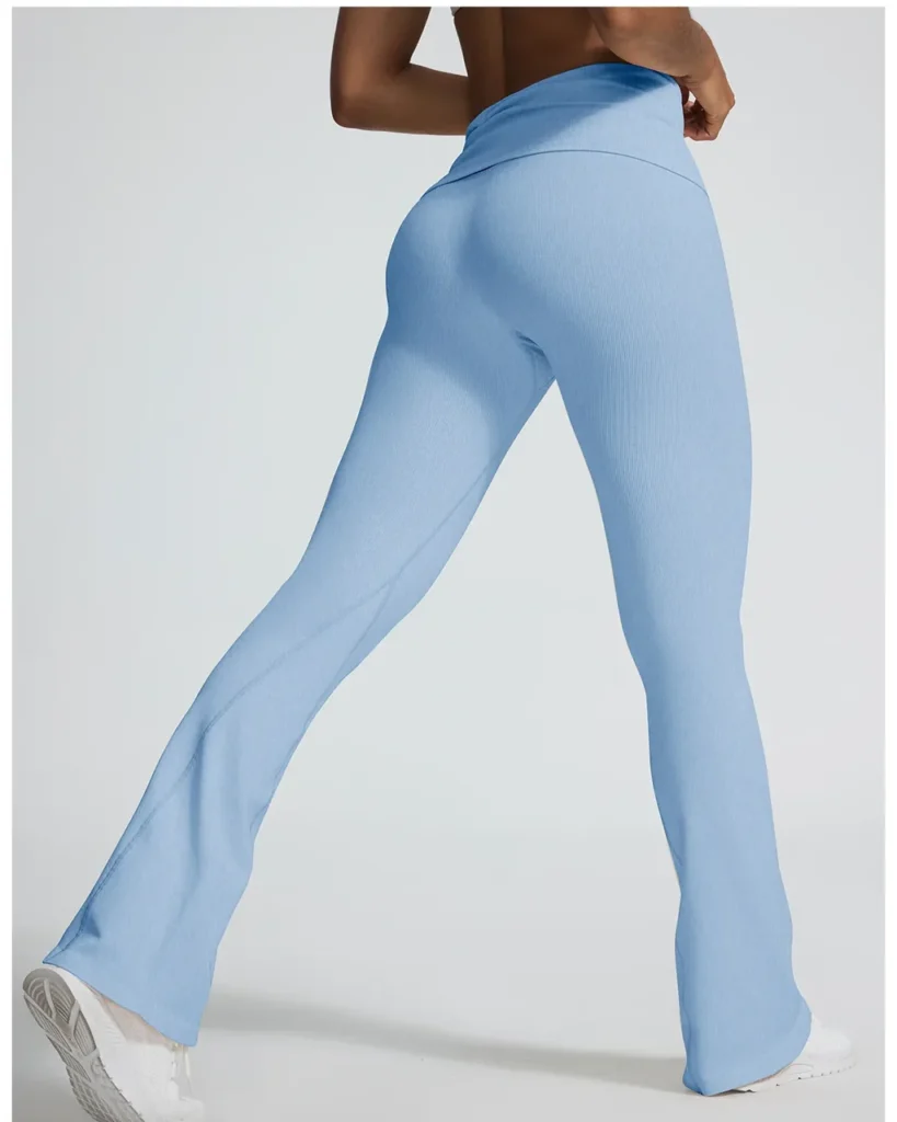 Seamless Sand Wash Fold Over Waist High Elastic Flare Yoga Pants - Light blue