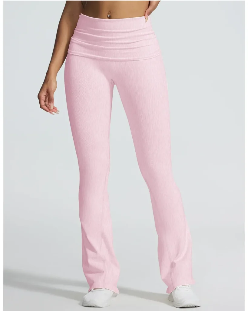 Seamless Sand Wash Fold Over Waist High Elastic Flare Yoga Pants - Light Pink