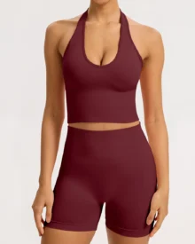 Seamless Backless Quick Dry Tight Yoga Set - Burgundy