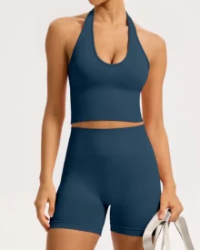 Seamless Backless Quick Dry Tight Yoga Set - Navy blue