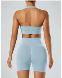 Seamless Backless High Waist Butt Lifting Yoga Set - blue